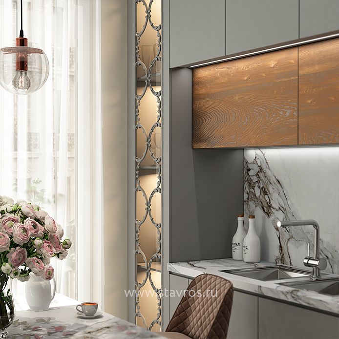 Original metal inserts in glass facades of the kitchen