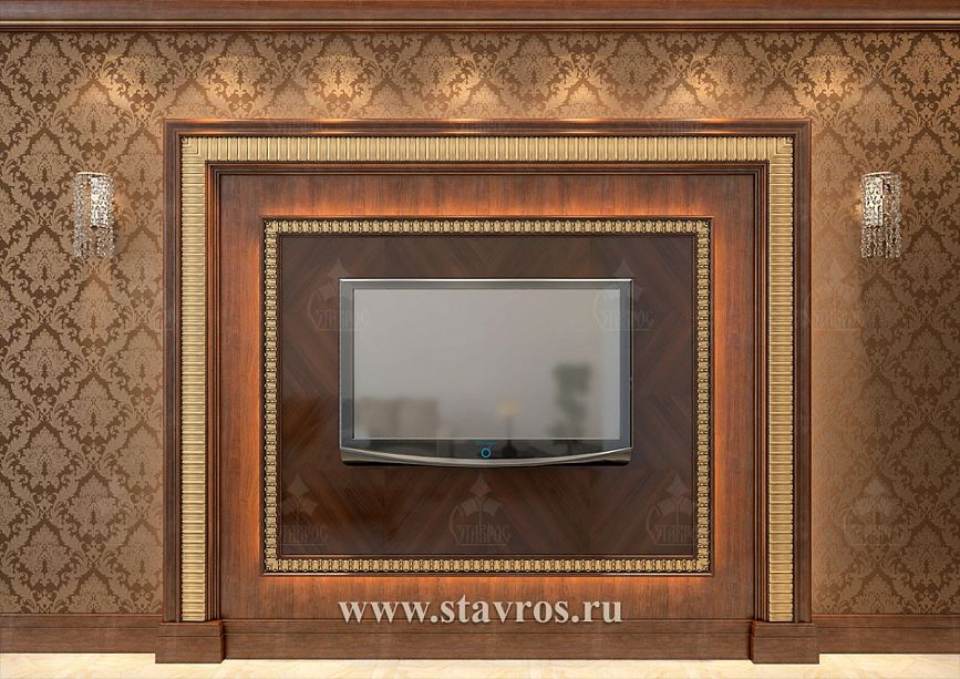 Elegant TV zone framing with carving and gold in the living room interior