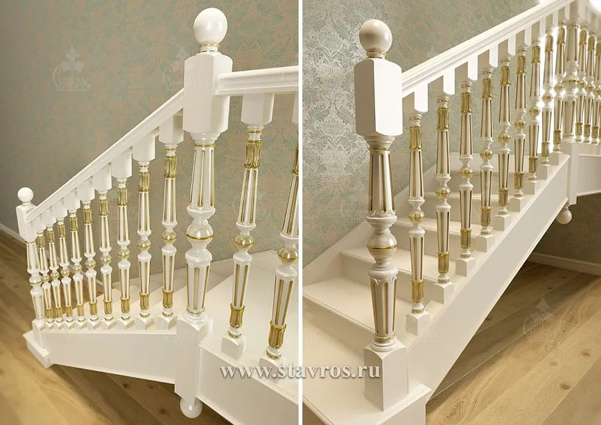 Wooden handrails and balustrades in white with gold elements for staircase RLE-056