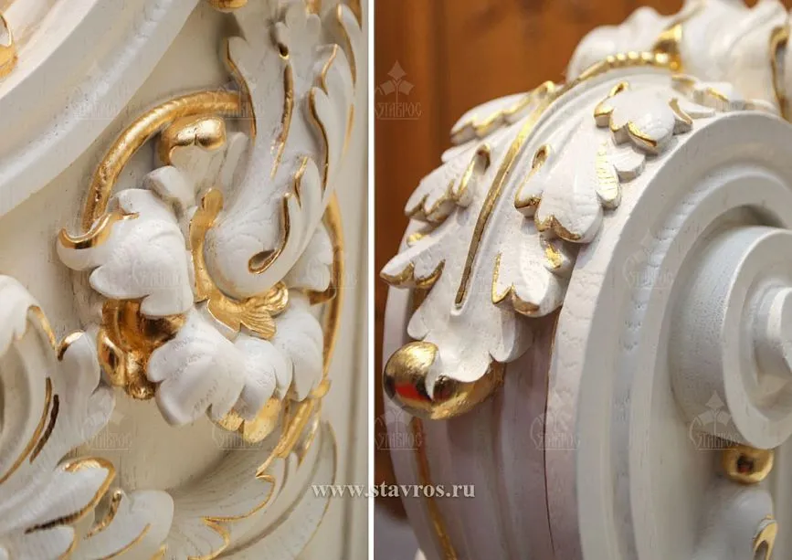 Detailed view of the carved elements of the RLE-064 staircase with gilding &ndash; elegant scrolls and floral ornaments on posts and balusters