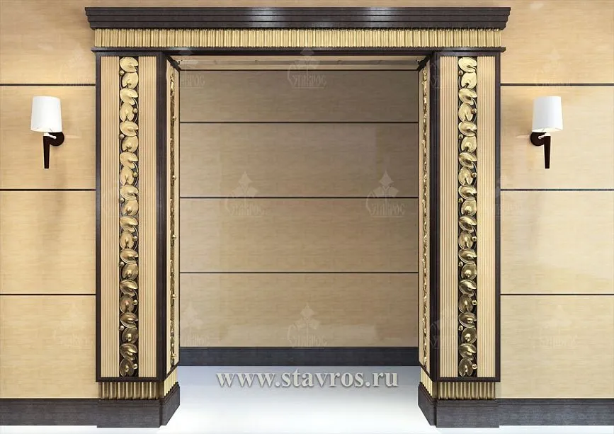 Decorative door portal with volumetric elements and vertical lines