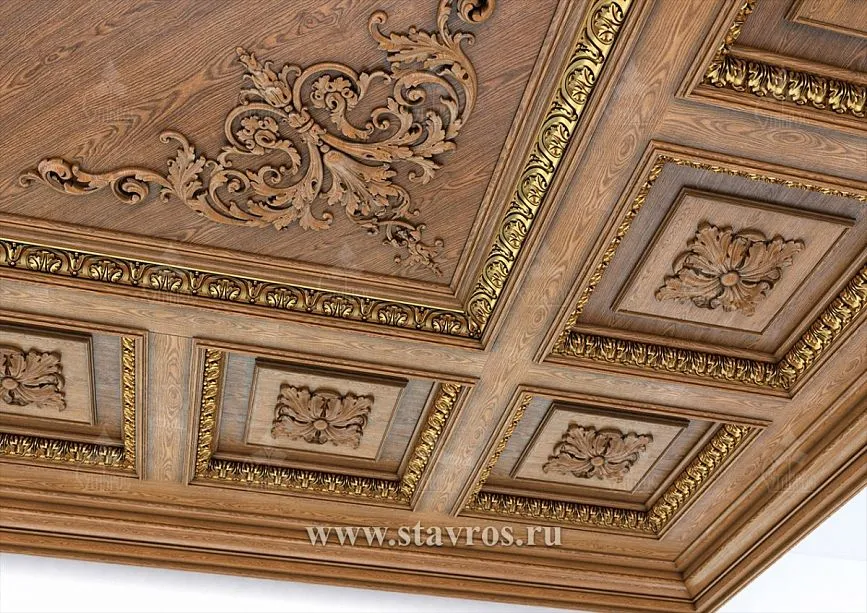 Natural wood texture and carved coffered ceiling of RP-007.