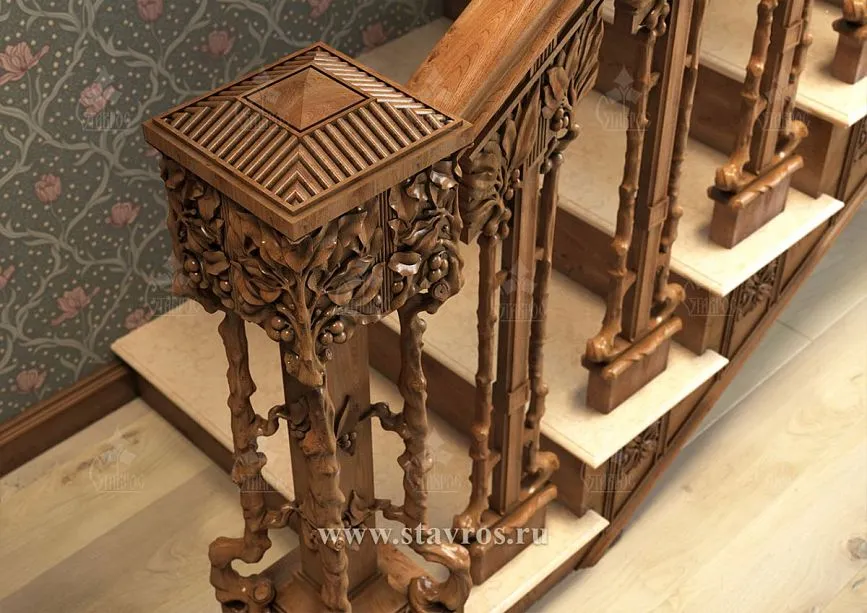 Luxurious element of a classic wooden staircase &ndash; entrance post