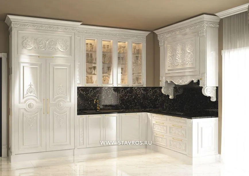 Luxurious kitchen facade with carved details and gold leaf